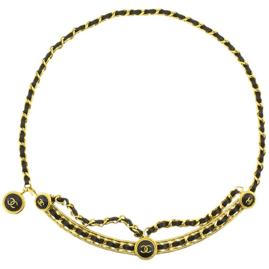 ⭐️美品⭐️シャネル ココマーク クローバー チェーンベルト GP×革 黒金 CHANEL シャネル ベルト ココマーク クローバー 2連 チェーン