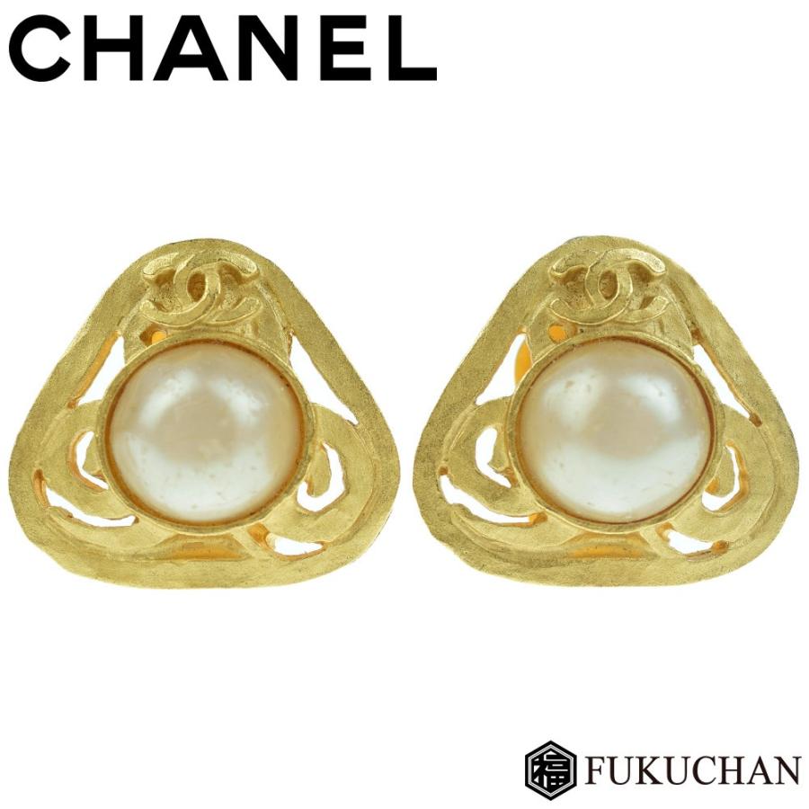 CHANEL/シャネル ココマーク×パール トライアングル イヤリング 95P 