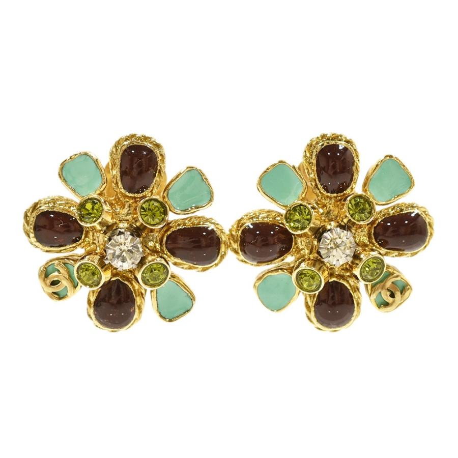 CHANEL シャネル ココマーク ビジュー フラワー イヤリング GP×ライン  