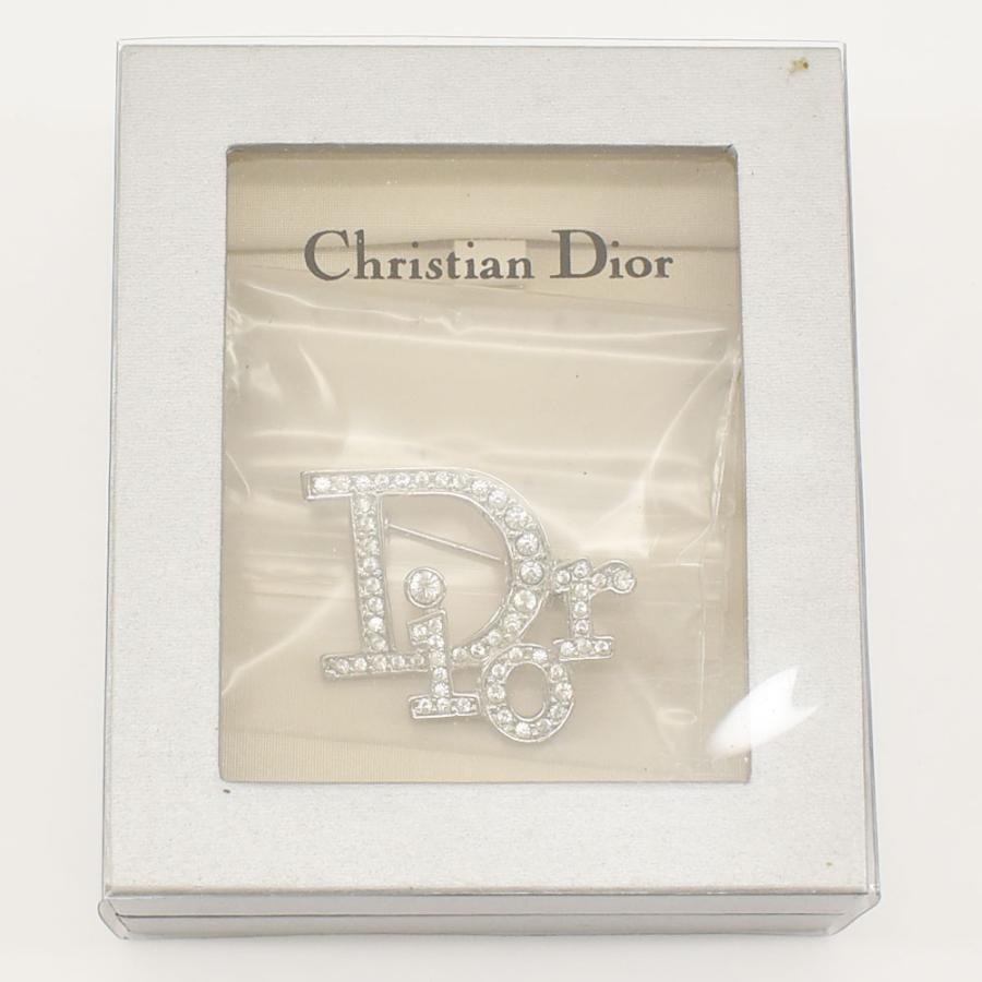 クリスチャンディオール Christian Dior ブローチ ロゴ ラインストーン ブローチ アクセサリー ラインストーン/メッキ シルバー×クリア  美品 送料無料