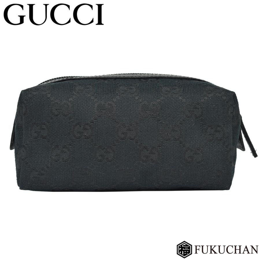 GUCCI/グッチ GGキャンバス 化粧ポーチ キャンバス×レザー ブラック
