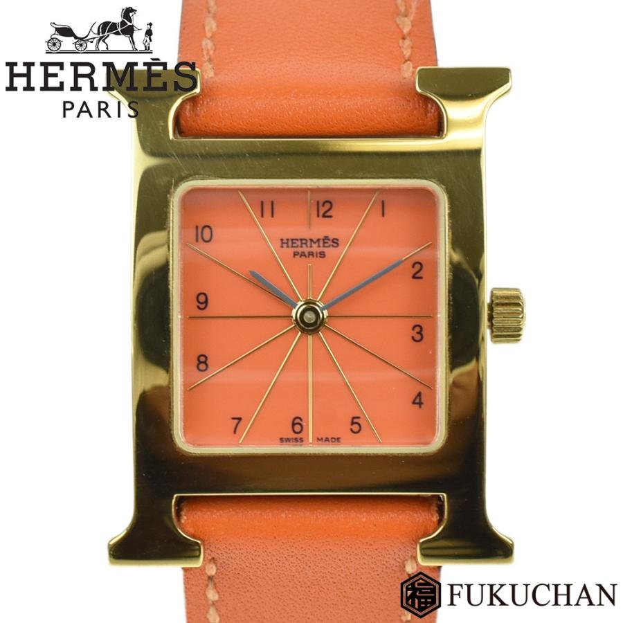 HERMES/エルメス オールアッシュ Hウォッチ オレンジ×ゴールド