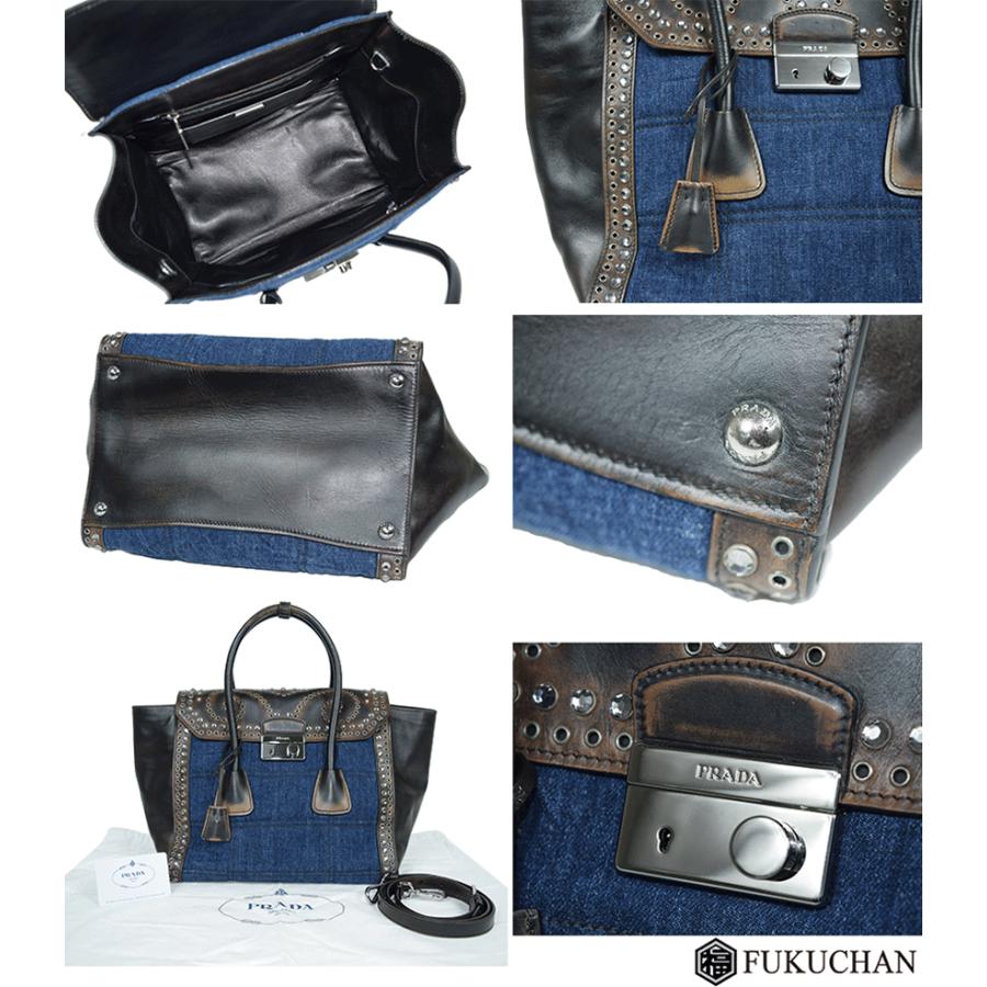 PRADA/プラダ ヴィンテージ加工フラップバッグレザー×デニムBN2669中古