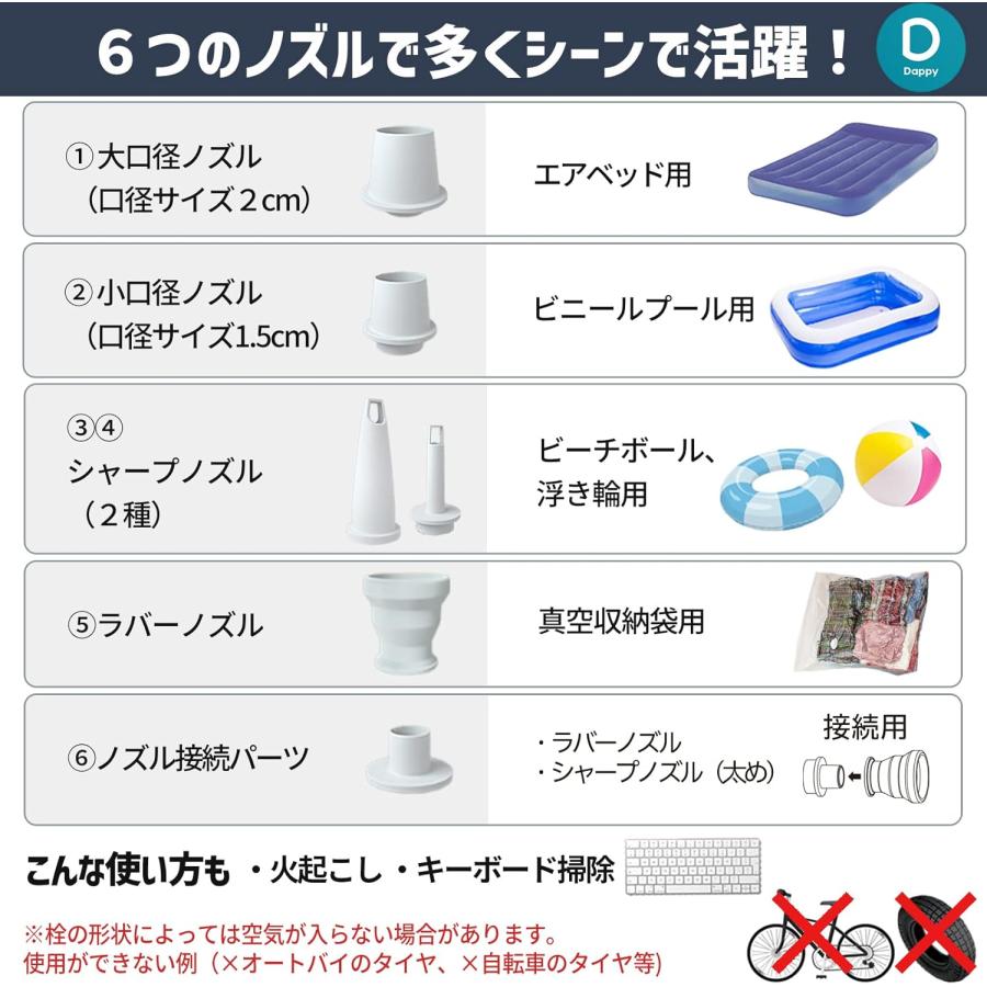 エアーポンプ 充電式 ミニ電動ポンプ 6種類のノズル付き 浮き輪