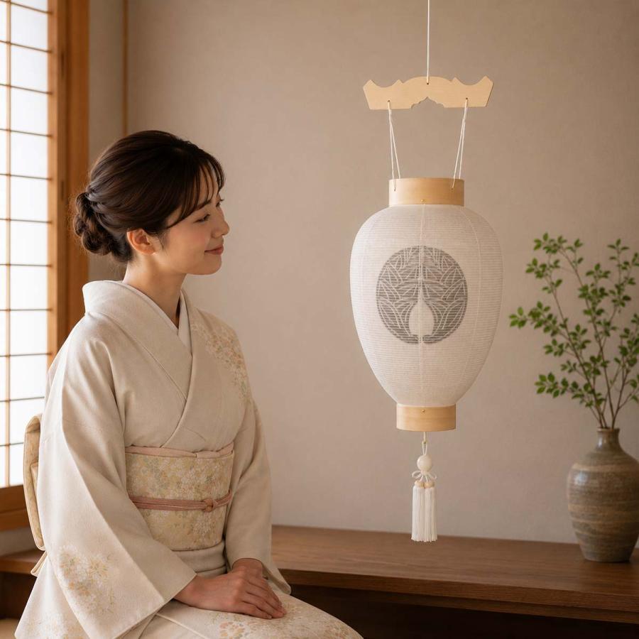 提灯 お盆 お迎え提灯 家紋入り 盆提灯 紋天提灯 木製 ( 絹二重 桐柾