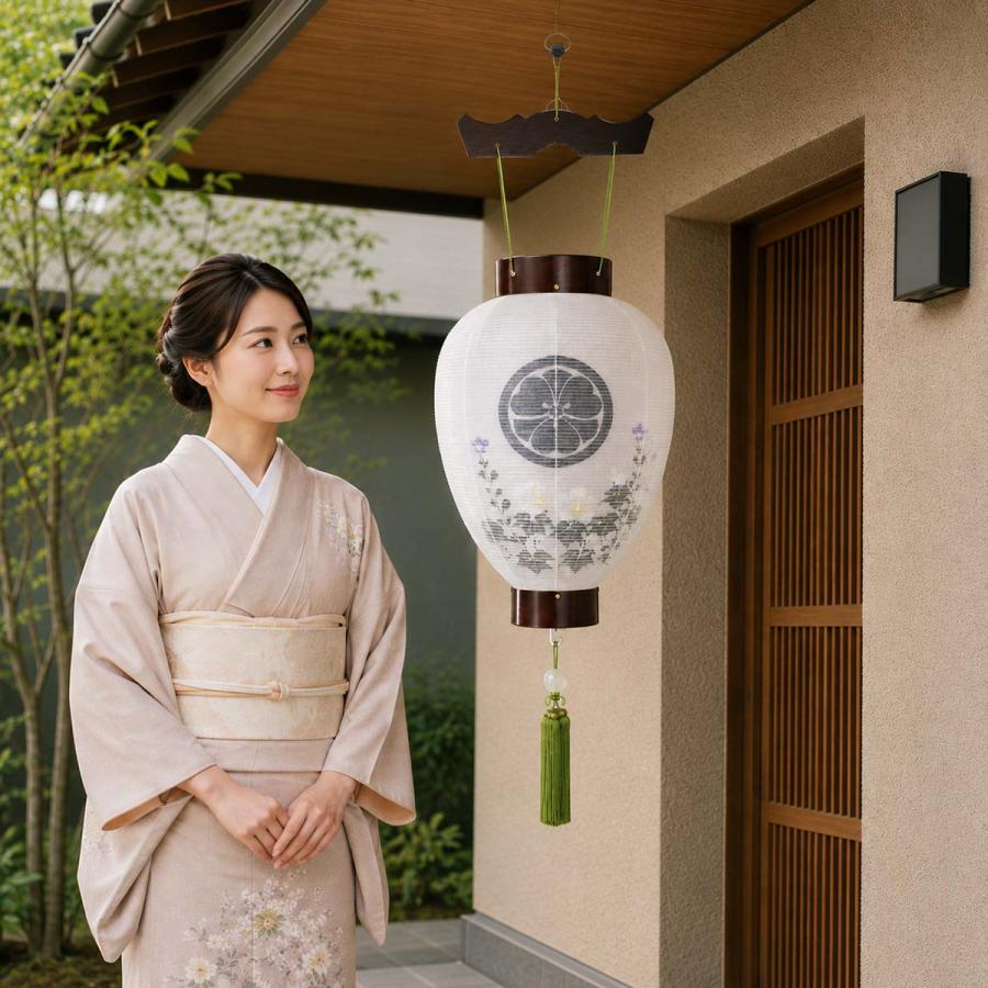 盆提灯 led 家紋入り お迎え 提灯(木製桜 絹張り 二重 中門座柄 115