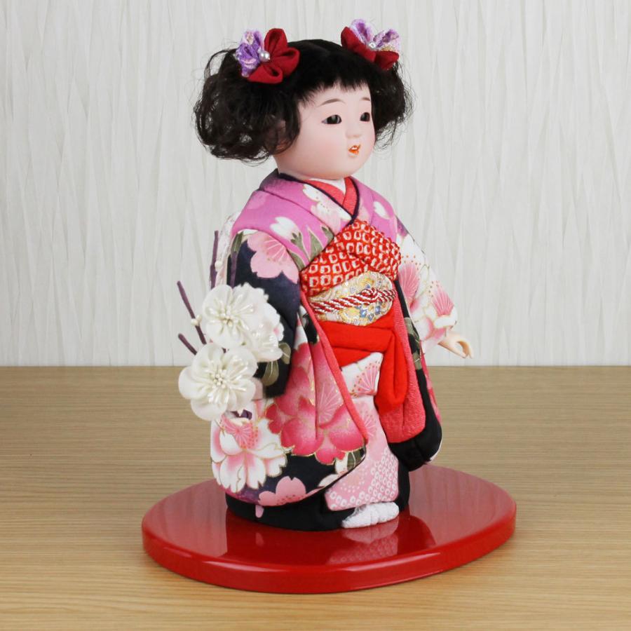 市松人形 木目込み 6号 ガラスケース入り 京染め市松人形(黒地にピンク