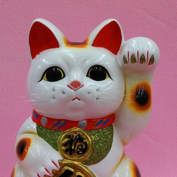 (招き猫 置物 開運 縁起物 金運 貯金箱)常滑焼 招き猫（白８号左招き三毛猫）425｜fukuwa｜02