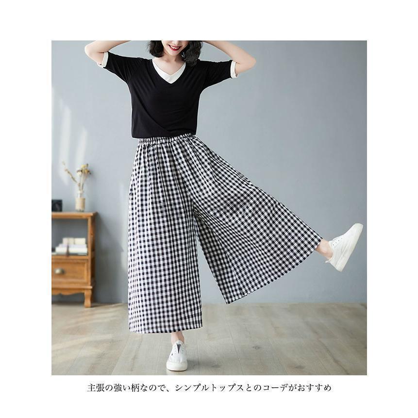 ワイドパンツ レディース キュロット 夏 ギンガムチェック 薄手 サマー