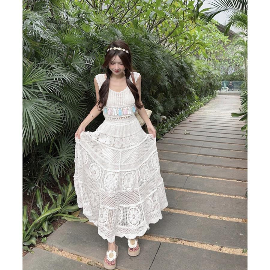 クロシェ編みセットアップ ボヘミアン夏服 南国旅行服 沖縄服 かぎ編み
