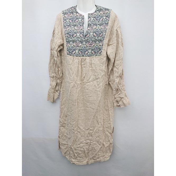 ◇ ももんが洋品店 キルティング リネン 切替 長袖 膝下丈 ワンピース  