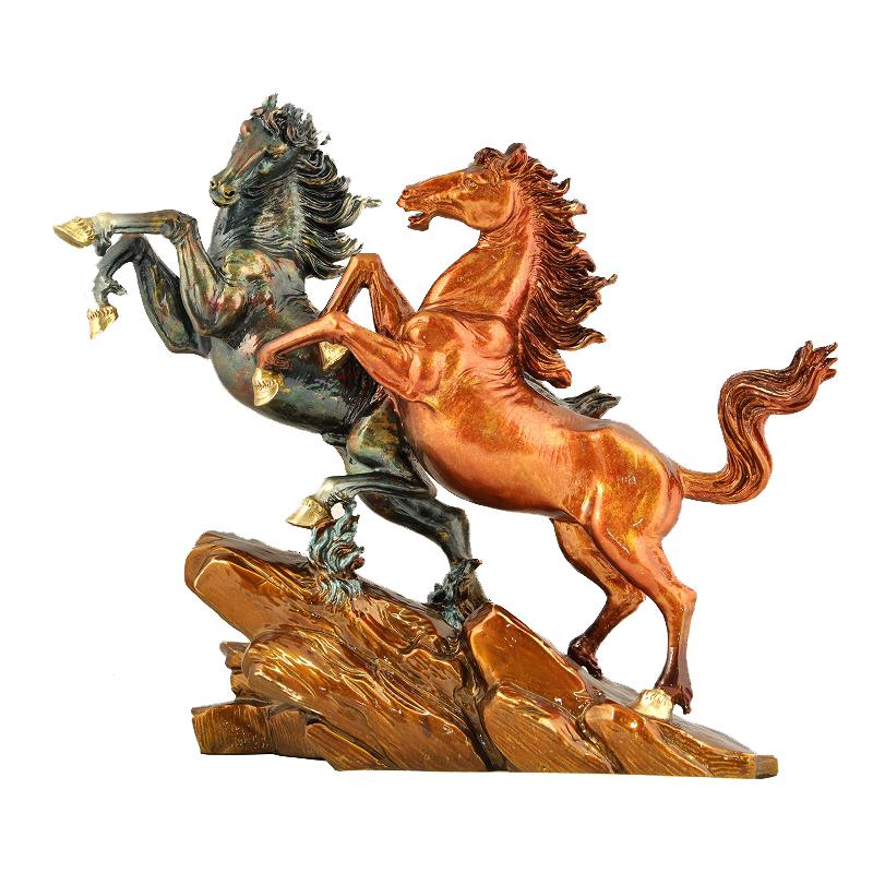 双馬 馬2頭 銅製 置物 銅像 紅(赤) 緑 俊馬 ペア インテリア : 福和屋