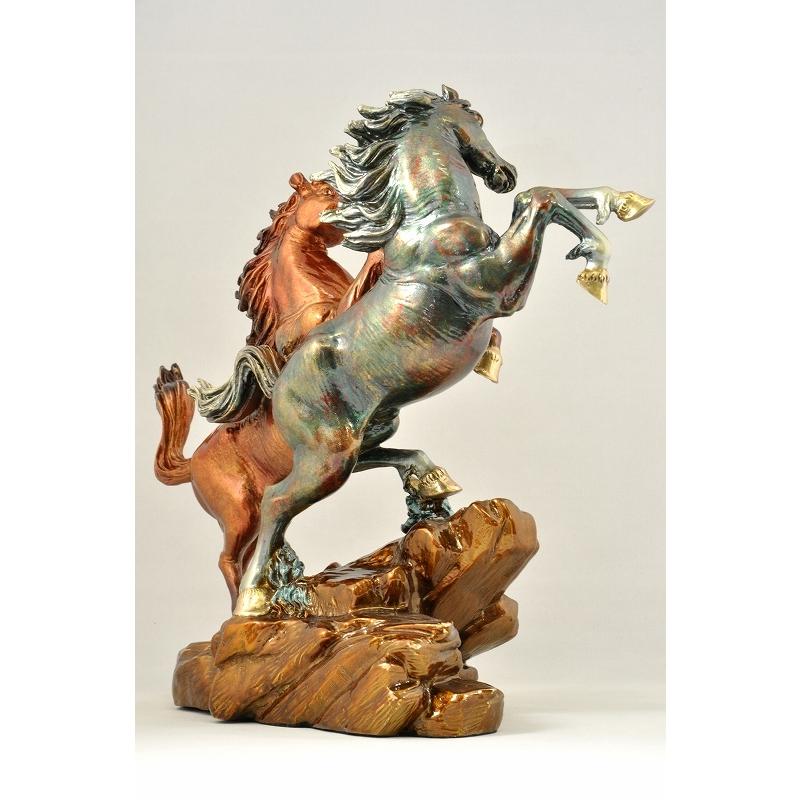 双馬 馬2頭 銅製 置物 銅像 紅(赤) 緑 俊馬 ペア インテリア