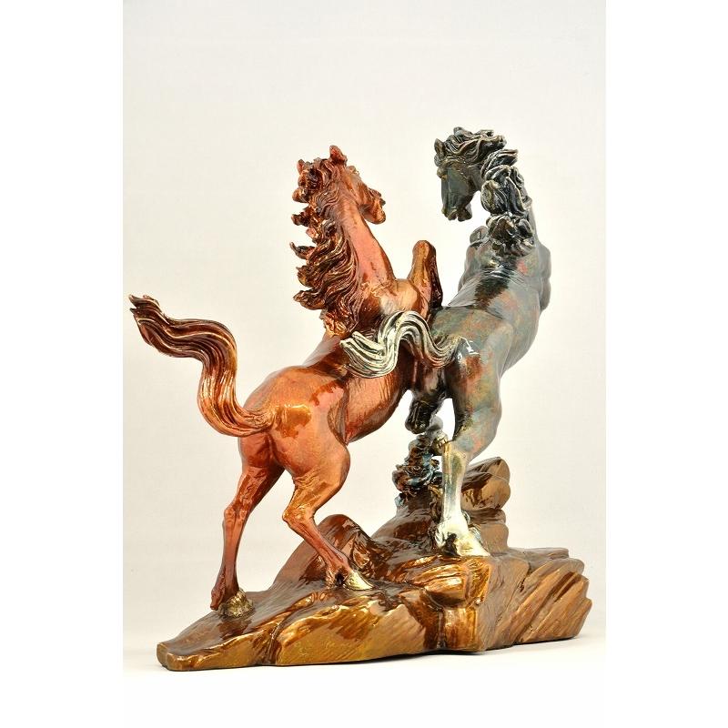 双馬 馬2頭 銅製 置物 銅像 紅(赤) 緑 俊馬 ペア インテリア : 福和屋