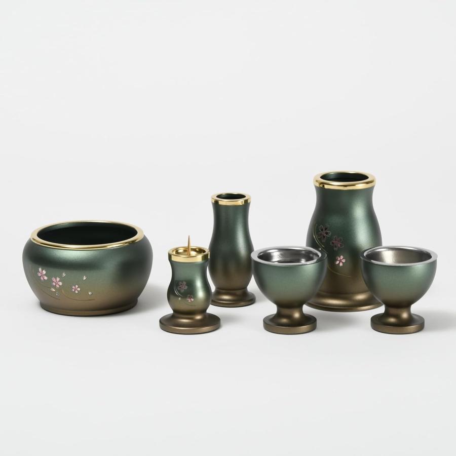 福和屋 【モダン仏具】ルミエール 6具足セット「桜彫入り」緑茶マット