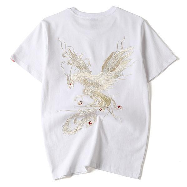 和柄刺繍 半袖Tシャツ メンズ 刺繍 不死鳥 フェニックス 華鳥