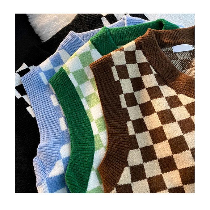 ニットベスト レディース セーター チェック柄 Vネック トップス 重ね