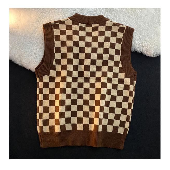 ニットベスト レディース セーター チェック柄 Vネック トップス 重ね