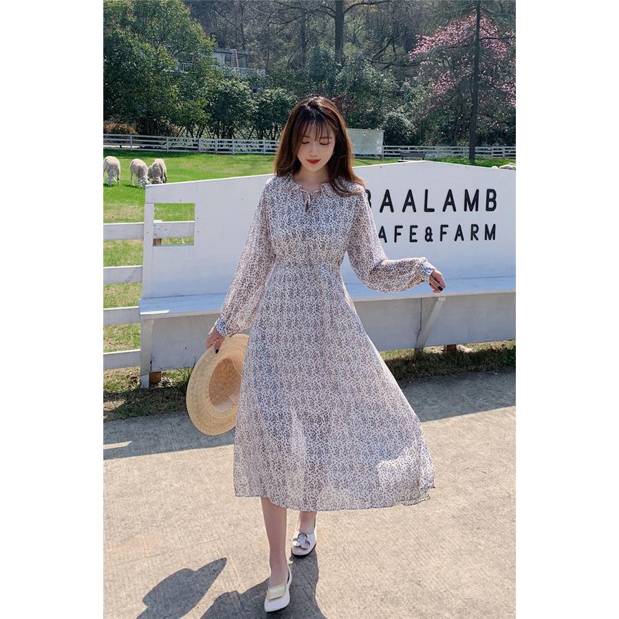 kapuwa カプワ花柄 長袖ロングワンピース ベージュFサイズ ワンピース レディース 長袖 総柄 ロングワンピ フラワー ワンピ