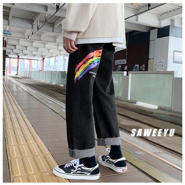 デニムパンツ メンズ ワイドパンツ ロゴ 虹 ペインターパンツ オシャレ カコイイ デニムジーンズ 韓国風 太め ゆったり 春夏秋 送料無料 Mbnhku00 服屋123 通販 Yahoo ショッピング