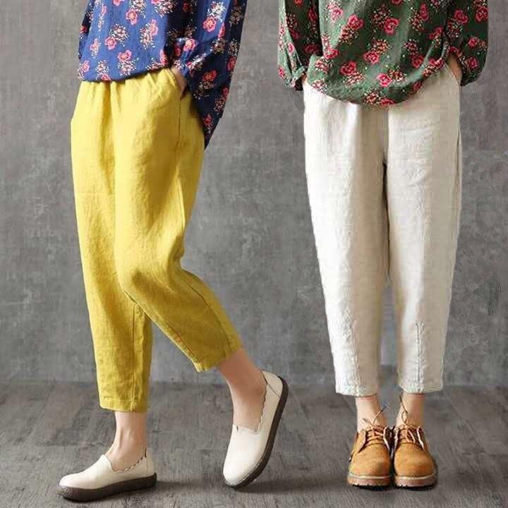 レディース サルエルパンツ 9分丈 アンクル丈 パンツ 綿麻ズボン