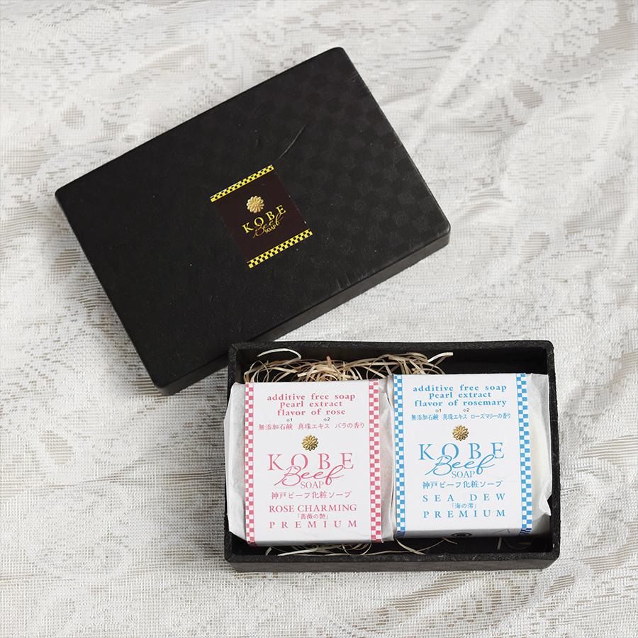 【公式】神戸ビーフ石鹸「海の澪」「薔薇の艶」2個セット　無添加石鹸　特製市松模様ギフト箱入り | 
