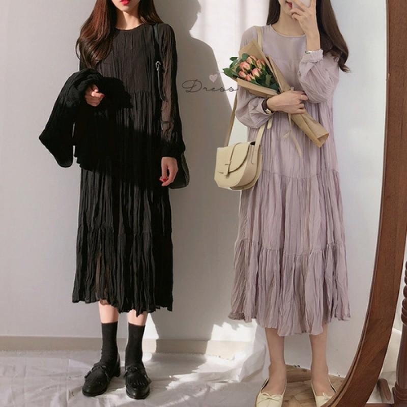 ロング丈 シワ 加工ワンピース ティアード 長袖 春夏 透け感 プリーツ パーティー デート 5019 Fulgeo Yahoo 店 通販 Yahoo ショッピング