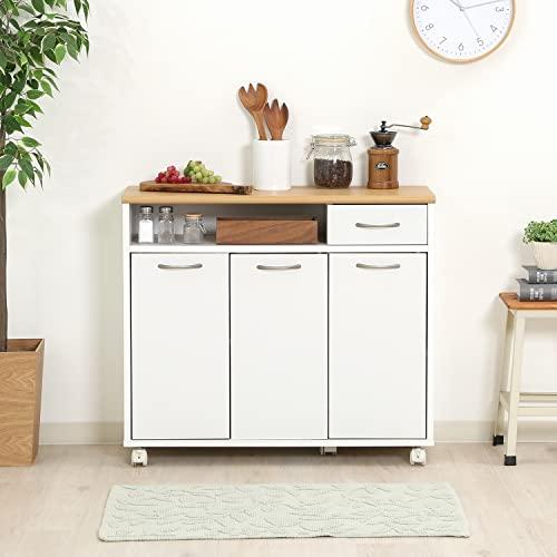 不二貿易(Fujiboeki) キッチンカウンター キッチン収納 幅80×奥行29×高さ70cm ホワイト×ナチュラル 食器棚 キャスター付き 引き出し収納 木目調 8の画像
