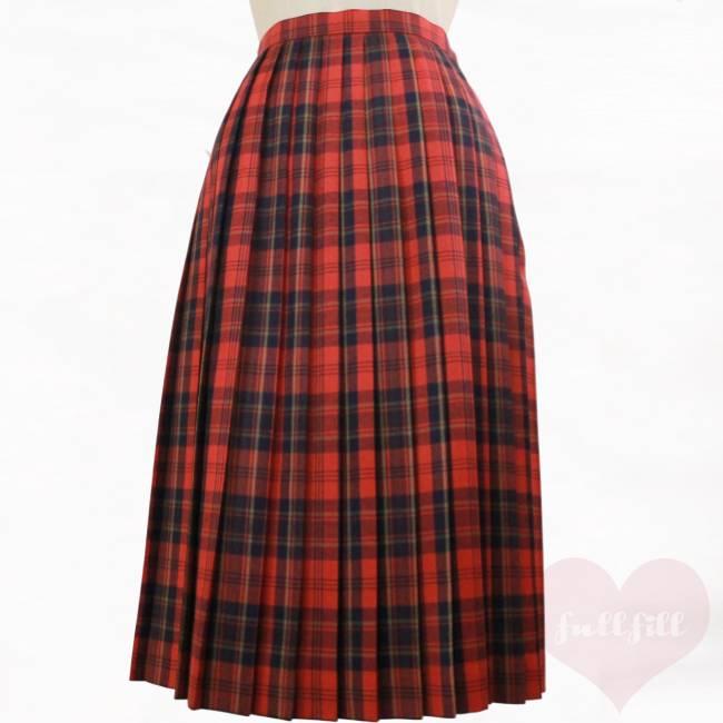 古着 スカート チェックスカート 赤 チェック柄 プリーツ 毛100