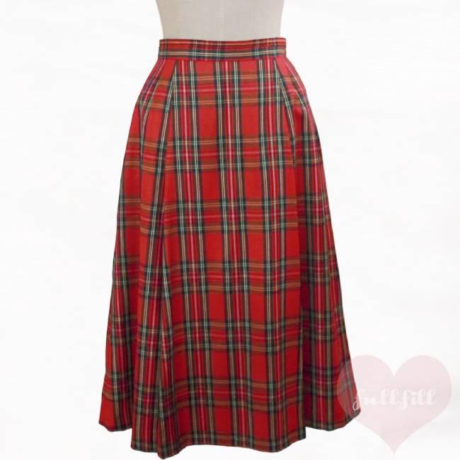 古着 スカート チェックスカート 赤 チェック柄 プリーツ 毛100