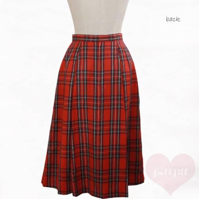 古着 スカート チェックスカート 赤 チェック柄 プリーツ 毛100