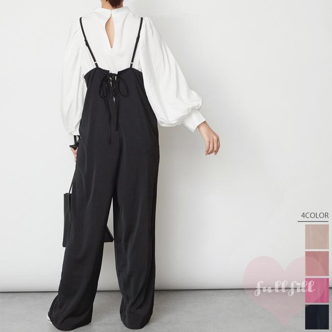 オールインワン レディース  サロペット パンツ バックレースアップ マットサテン シンプル | 
