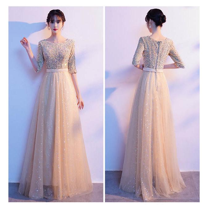 パーティードレス ロングドレス 演奏会 ラウンドネックきらきら 成人式