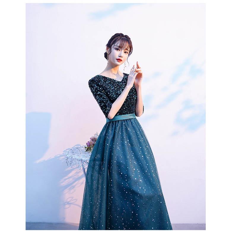 【レビュー投稿で+5%還元】パーティードレス ロングドレス 合唱ドレス エレガント 演奏会 袖あり ラウンドネック きらきら 成人式 同窓会 カラオケドレス ピアノ パーティードレス ロングドレス 演奏会 Vネック きらきら 成人式
