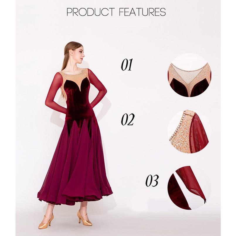 社交ダンス ドレス 練習着 競技着 長袖 レース 透け感 豪華 パーティー モダン スタンダード ルンバ 専用 発表会 開場ドレス ストレッチ ワインレッド S-2XL |  | 05