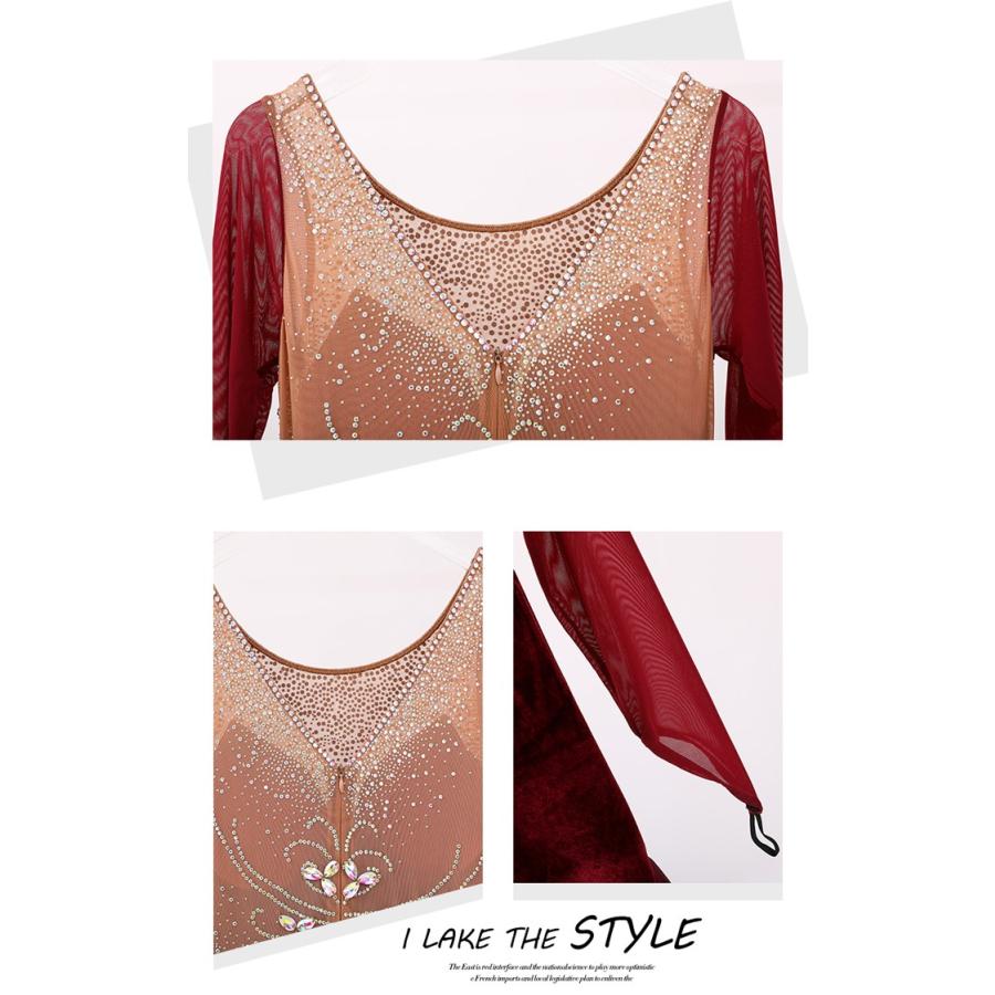 社交ダンス ドレス 練習着 競技着 長袖 レース 透け感 豪華 パーティー モダン スタンダード ルンバ 専用 発表会 開場ドレス ストレッチ ワインレッド S-2XL |  | 08