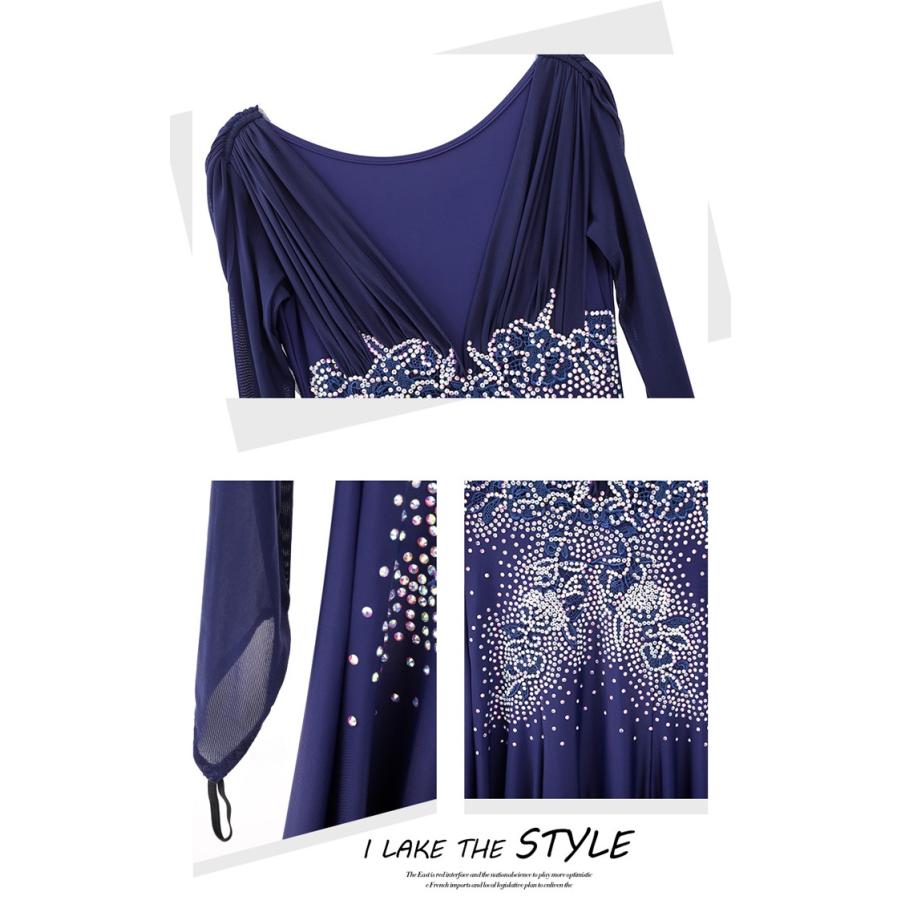 社交ダンス ドレス 練習着 競技着 ワンピース 長袖 透け感 豪華 パーティー モダン スタンダード ルンバ 専用 発表会 開場ドレス ストレッチ ネイビー S-2XL |  | 09