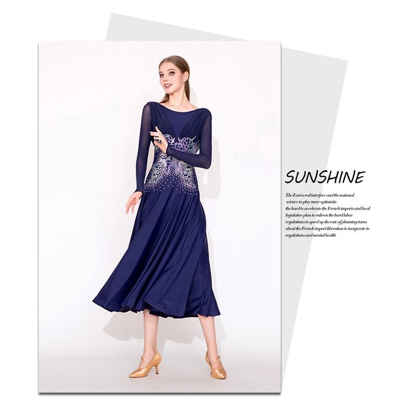 社交ダンス ドレス 練習着 競技着 ワンピース 長袖 透け感 豪華 パーティー モダン スタンダード ルンバ 専用 発表会 開場ドレス ストレッチ ネイビー S-2XL |  | 01