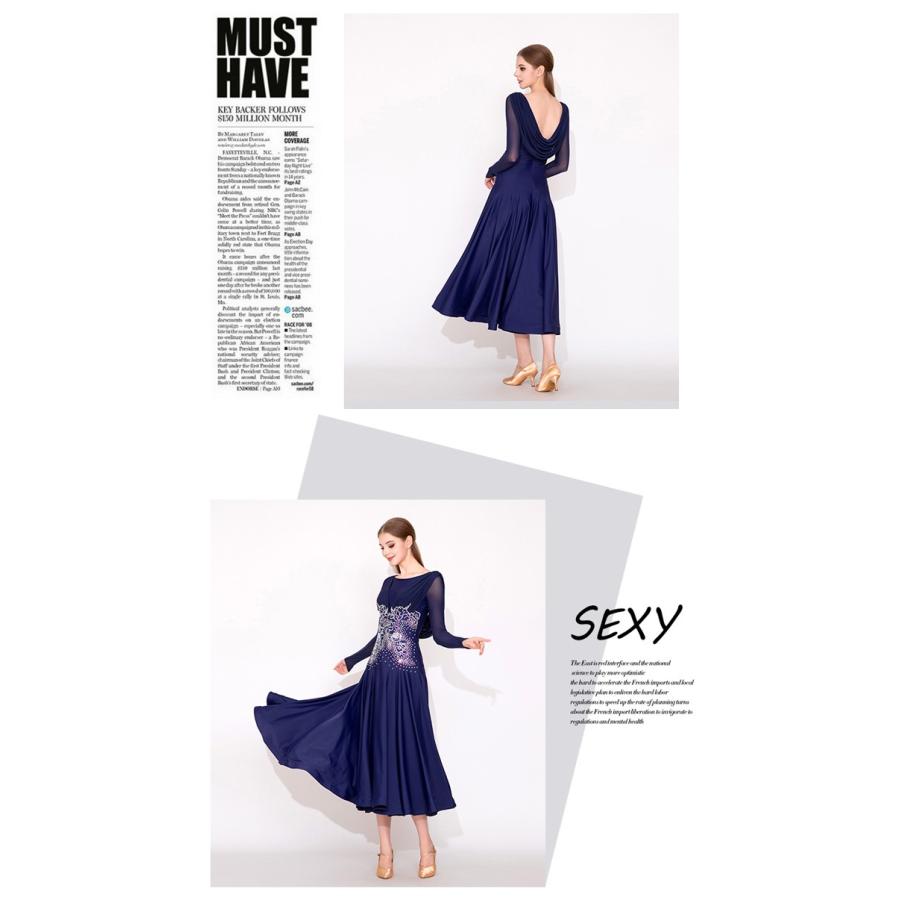 社交ダンス ドレス 練習着 競技着 ワンピース 長袖 透け感 豪華 パーティー モダン スタンダード ルンバ 専用 発表会 開場ドレス ストレッチ ネイビー S-2XL |  | 04