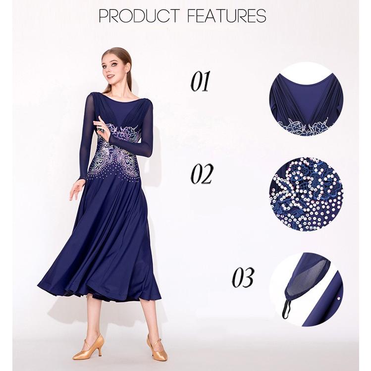 社交ダンス ドレス 練習着 競技着 ワンピース 長袖 透け感 豪華 パーティー モダン スタンダード ルンバ 専用 発表会 開場ドレス ストレッチ ネイビー S-2XL |  | 06