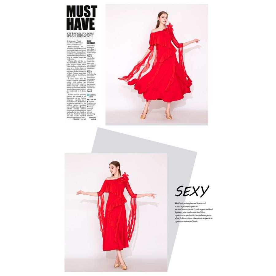 社交ダンス ドレス 練習着 競技着 長袖 レース 透け感 豪華 パーティー モダン スタンダード ルンバ 専用 発表会 開場ドレス ストレッチ レッド ブラック S-2XL |  | 04