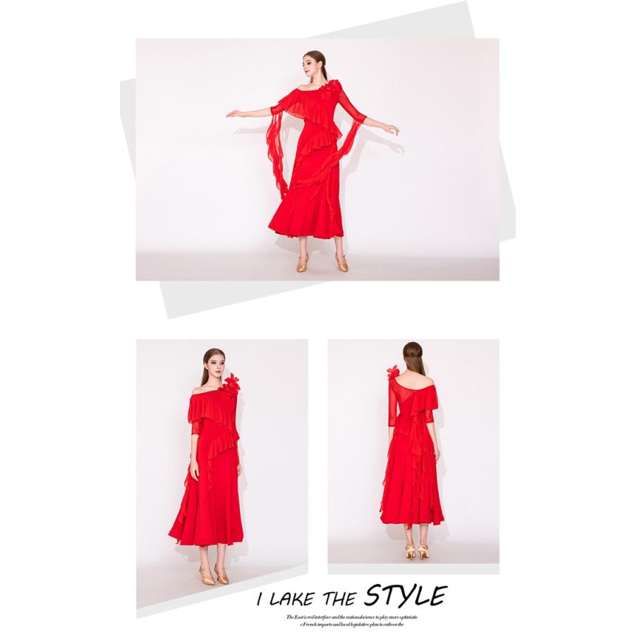 社交ダンス ドレス 練習着 競技着 長袖 レース 透け感 豪華 パーティー モダン スタンダード ルンバ 専用 発表会 開場ドレス ストレッチ レッド ブラック S-2XL |  | 05