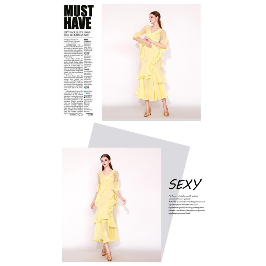 社交ダンス ドレス 練習着 競技着 長袖 レース 透け感 豪華 パーティー モダン スタンダード ルンバ 専用 発表会 開場ドレス ストレッチ ピンク イエロー S-2XL |  | 09