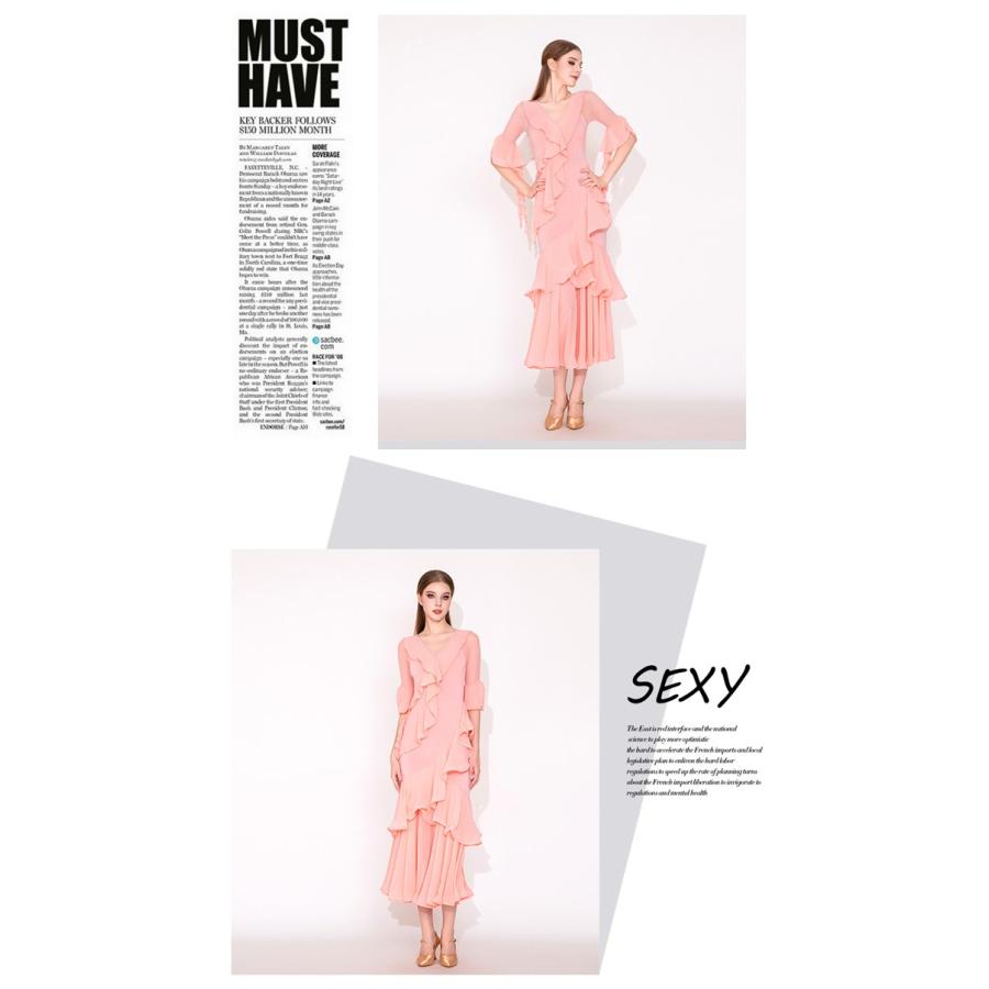 社交ダンス ドレス 練習着 競技着 長袖 レース 透け感 豪華 パーティー モダン スタンダード ルンバ 専用 発表会 開場ドレス ストレッチ ピンク イエロー S-2XL |  | 03