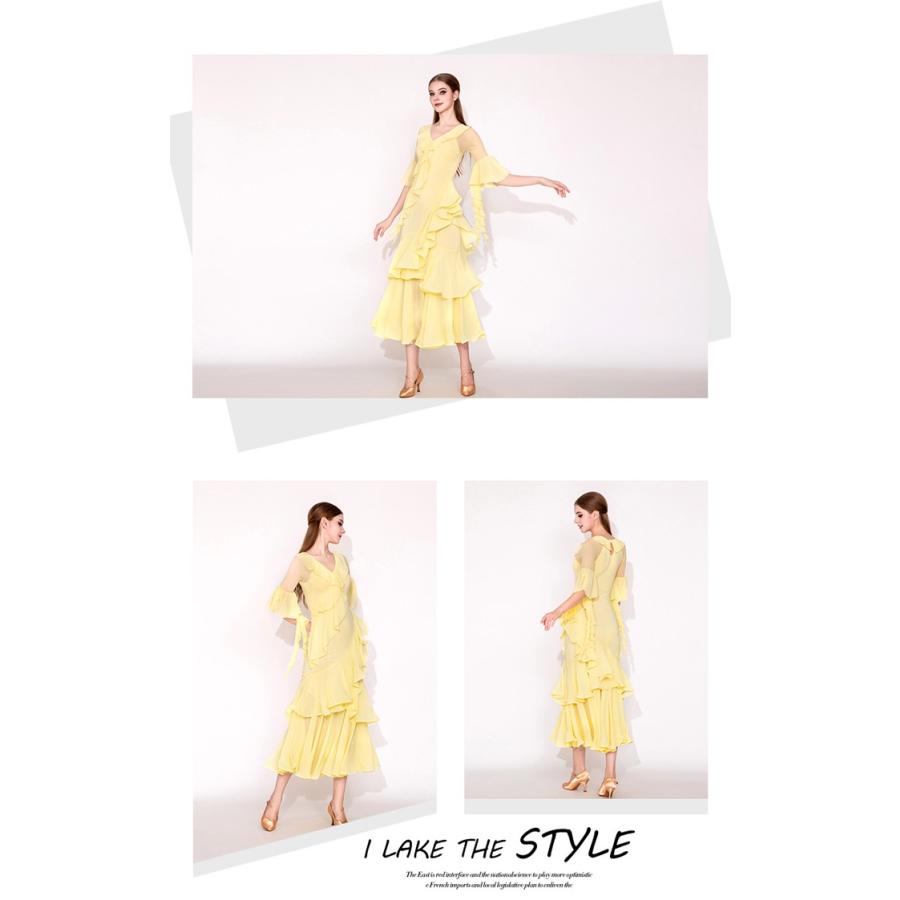 社交ダンス ドレス 練習着 競技着 長袖 レース 透け感 豪華 パーティー モダン スタンダード ルンバ 専用 発表会 開場ドレス ストレッチ ピンク イエロー S-2XL |  | 08