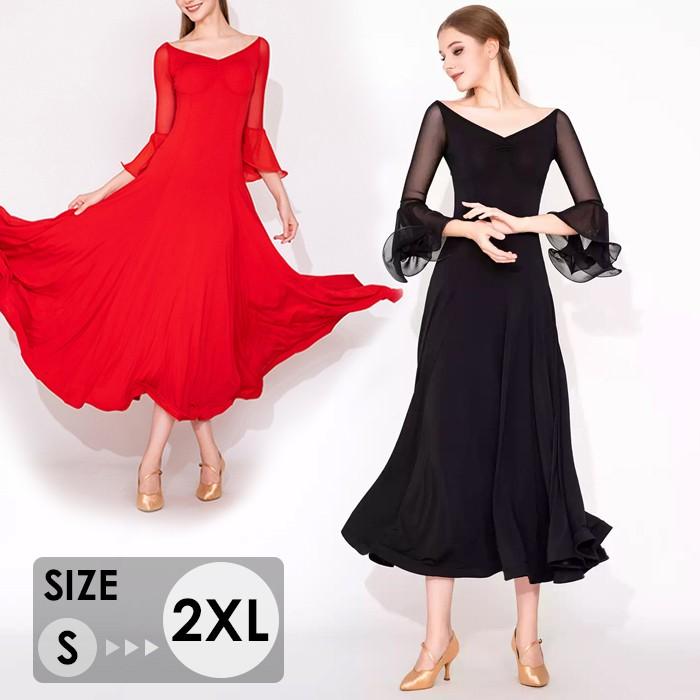 社交ダンス ドレス 練習着 競技着 ワンピース 長袖 レース 透け感 パーティー モダン スタンダード ルンバ 専用 発表会 ストレッチ 団体 レッド ブラック S-2XL | 