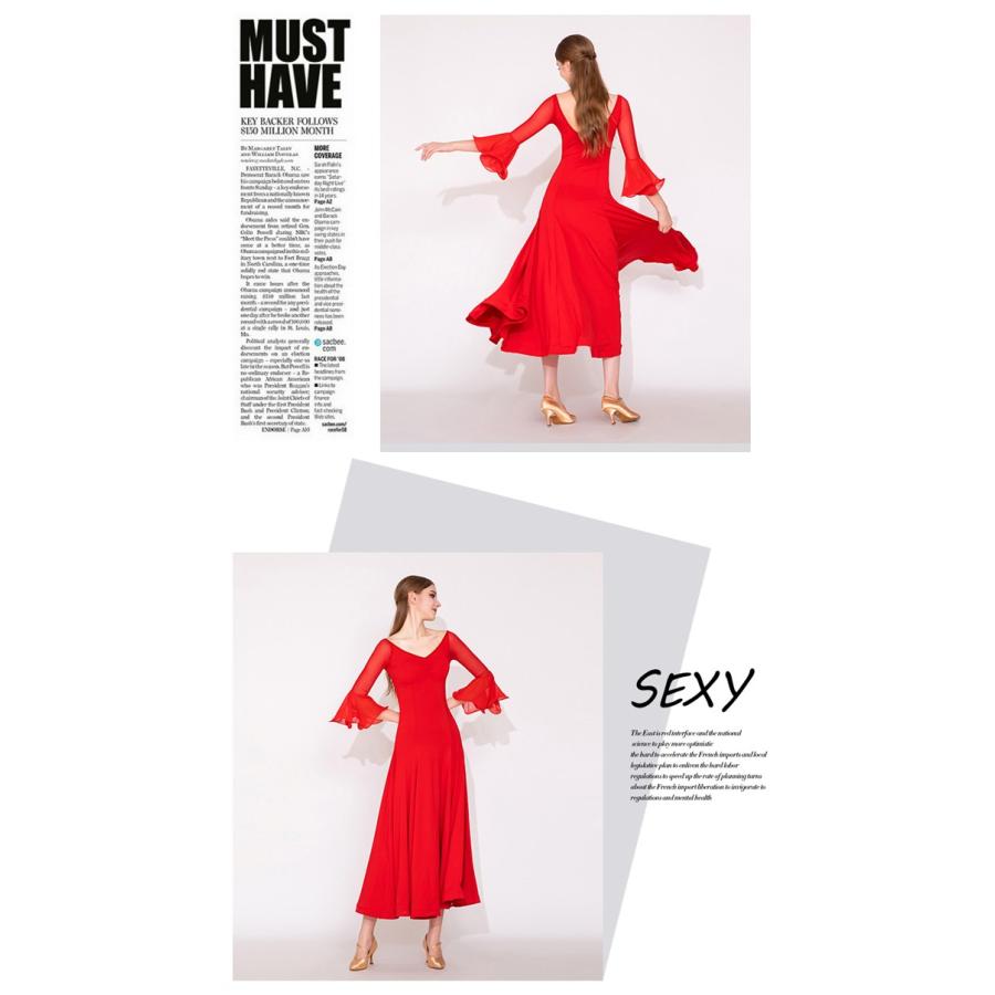 社交ダンス ドレス 練習着 競技着 ワンピース 長袖 レース 透け感 パーティー モダン スタンダード ルンバ 専用 発表会 ストレッチ 団体 レッド ブラック S-2XL |  | 09