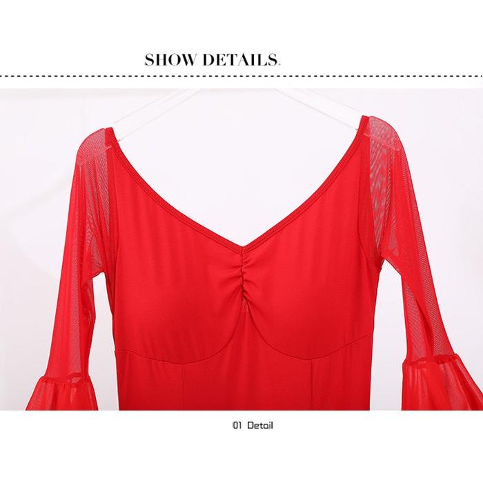 社交ダンス ドレス 練習着 競技着 ワンピース 長袖 レース 透け感 パーティー モダン スタンダード ルンバ 専用 発表会 ストレッチ 団体 レッド ブラック S-2XL |  | 12