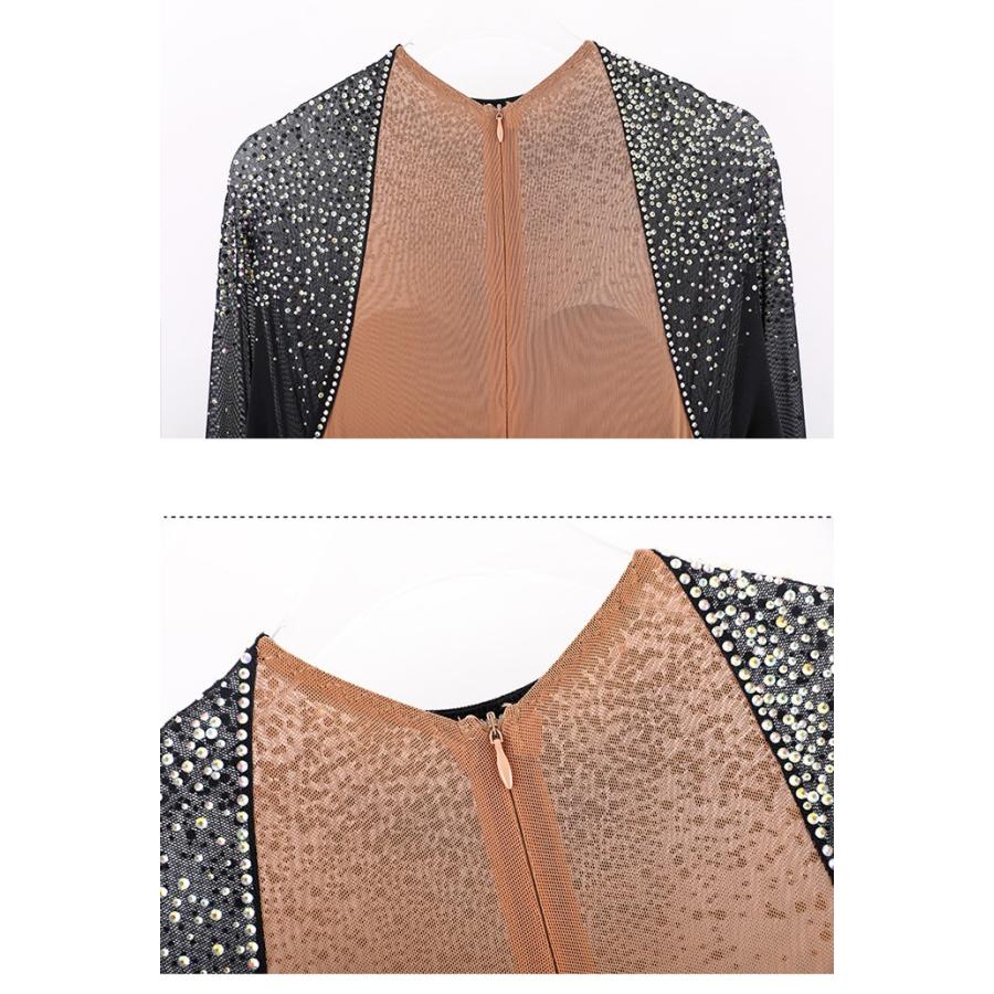 社交ダンス ドレス 練習着 競技着 ワンピース 長袖 レース 透け感 豪華 パーティー モダン スタンダード ルンバ 専用 発表会 ストレッチ 団体 ブラック S-2XL |  | 12