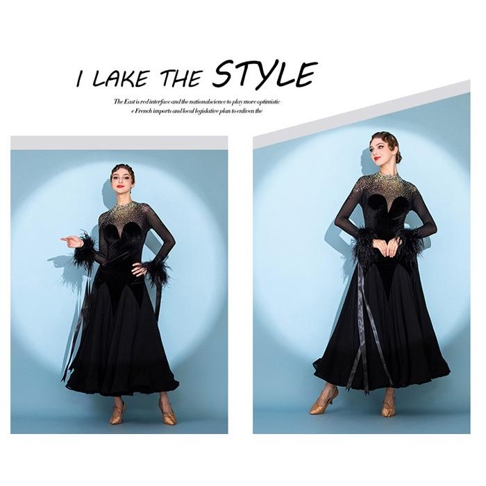 社交ダンス ドレス 練習着 競技着 ワンピース 長袖 レース 透け感 豪華 パーティー モダン スタンダード ルンバ 専用 発表会 ストレッチ 団体 ブラック S-2XL |  | 02